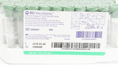 BD 366667 Vacutainer LH 56 USP Units Blood Collection Tubes - Box of 100
